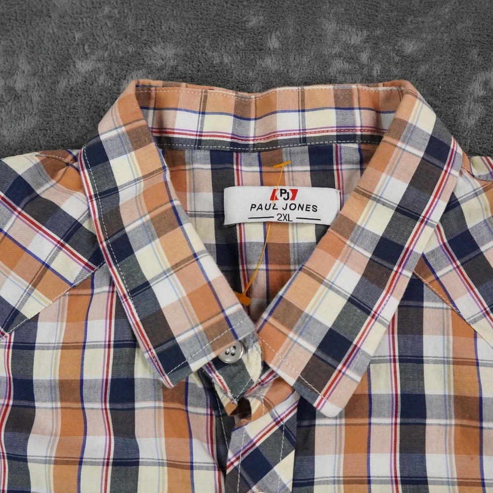 Paul Jones‎ Shirt Mens XXL  Orange Plaid Button Up Western Pocket Cowboy Rodeo